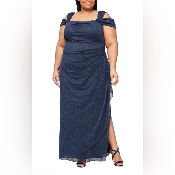 Nwt Alex Evenings Cold Shoulder Glitter Mesh Dress with Draped Skirt & Cowl Neck - Picture 1 of 16